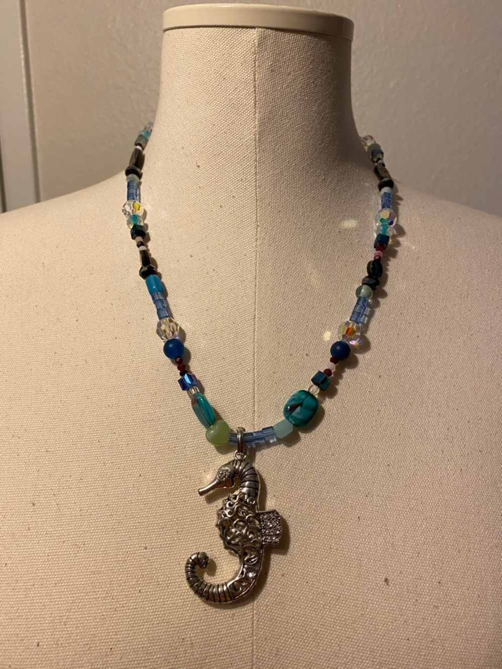 Handmade necklace silver seahorse beaded blue